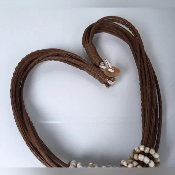 Multi-cord Shell Statement Necklace Brown Tan Ivory 20” Long - Picture 5 of 5